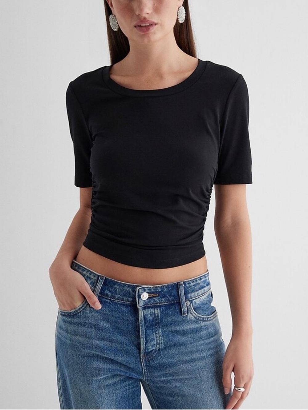 Express Ruched Black Crew Neck Tee
